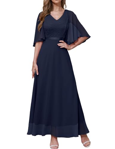 DRESSTELLS Damen Cocktailkleider Lang A-Linie Kurze Ärmel Abendkleid V-Ausschnitt Chiffon Ballkleid Navy S