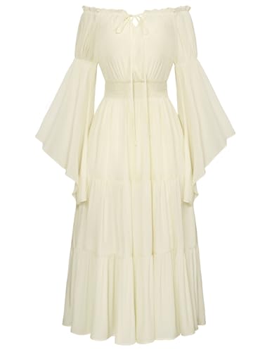 Damen Renaissance Corsagenkleid Elastisch Taille mit Tasche Lange Swing Ballkleid Aprikose M