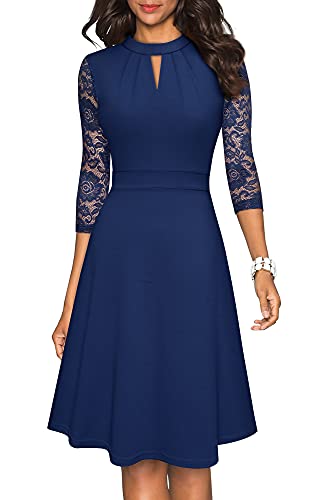 HOMEYEE Damen Elegant Hollow Out Spitze Swing Retro Party Cocktailkleid A234 (M, Dunkelblau)