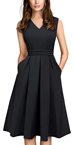 HOMEYEE Damen Vintage 50er Ärmellos Cocktail Retro mit Pocket Flared Kleid A196 (XXL, Schwarz)