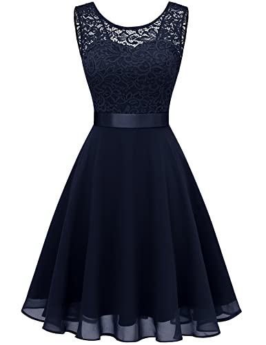 Berylove Women Short Floral Lace Bridesmaid Dress Vintage Cocktail Party Swing Dress BLP7005NavyXS