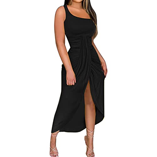 Damenkleider, ärmelloses Vintage-Kleid mit Trägern, schwingendes Kleid für Damen, eine Schulter, Schlitz,...