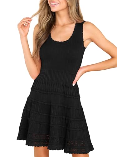 Saodimallsu Sommerkleider Damen Ärmellos Kleider Elegant Swing Tank-Kleider Strick-Minikleider Freizeitkleid,Schwarz,L