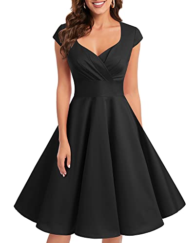 bbonlinedress 1950er Vintage Retro Cocktailkleid Rockabilly V-Ausschnitt Faltenrock Black M