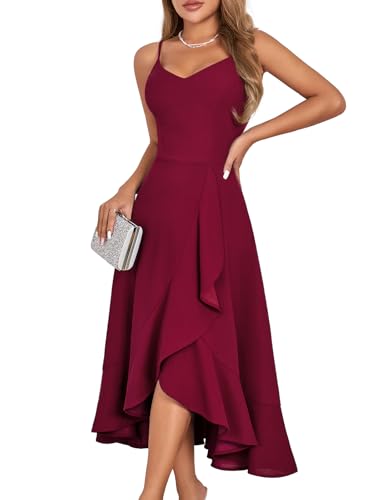 DRESSTELLS Cocktailkleid Damen Festlich Träger Hochtief Kleider für Hochzeit Knielang Rüschensaum Sommerkleid Große...