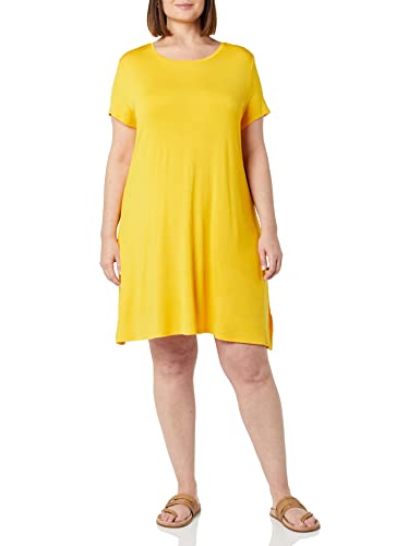Amazon Essentials Damen Swing-Kleid mit kurzen Ärmeln und U-Ausschnitt, Gelb, M