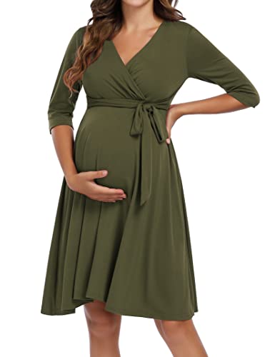 KOJOOIN Damen Umstandskleid Schwangerschafts Kleid für Schwangere Stillkleid V-Ausschnitt Langarm mit Taillengürtel...