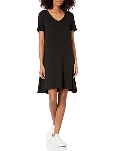 Amazon Essentials Damen Kurzärmeliges Swing-Kleid mit V-Ausschnitt, Regulär, Schwarz, XXL