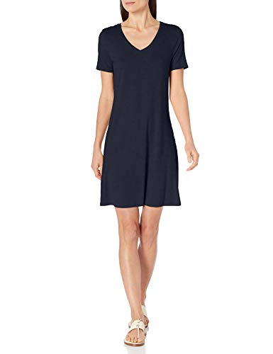 Amazon Essentials Damen Kurzärmeliges Swing-Kleid mit V-Ausschnitt, Regulär, Marineblau, XS