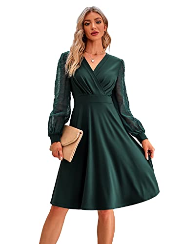 Odizli Rockabilly Kleider Damen 50er Jahre Herbst Vintage Elegant Retro Mesh Polka Dot Langarm V-Ausschnitt Swing...