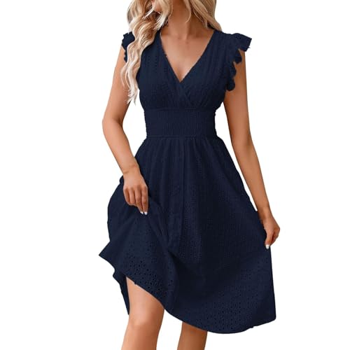 Angebote langes Sommerkleid Damen Damen Kleider ballkleid kurz Einfarbig Spitze Hohl V-Ausschnitt Rüschen Kurze Ärmel...