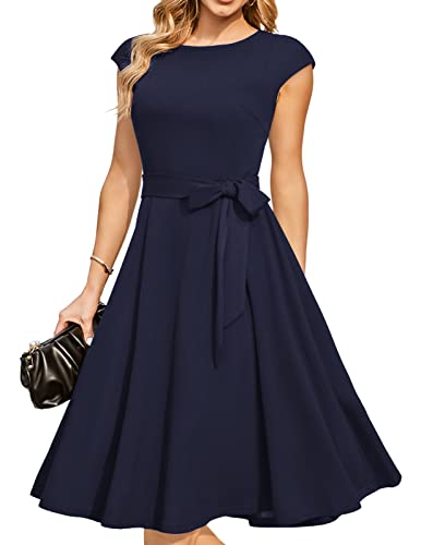 DRESSTELLS Damen A-Line Swing Festlich Knielang Hochzeit Cocktailkleid Rundhald Cape Arm Weihnachtskleidid Navy M