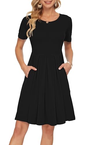 AUSELILY Freizeitkleider Damen Schwarz M Kurzarm Plissee Loose Swing Freizeitkleid mit Taschen Knielang XL