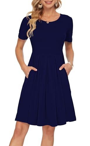 AUSELILY Shirtkleid Damen Kurzarm Plissee Loose Swing Freizeitkleid mit Taschen Knielang Navy Blau M