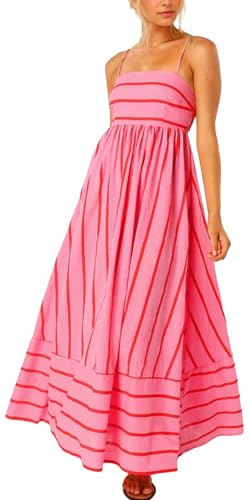 FEOYA Damen Langes Gestreiftes Kleid Sommer Maxi Kleid Spaghetti Riemen Rücken Gesmoktes Kleid Boho Flowy Swing Kleider...