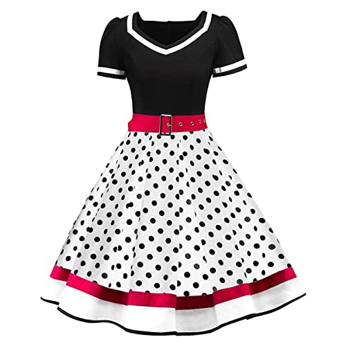 Rockabilly Kleider Damen 50er Jahre Petticoat Kleid Vintage Audrey Hepburn Kurzarm V-Ausschnitt Polka Dot Swing...