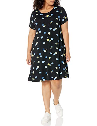 Amazon Essentials Damen Swing-Kleid mit U-Ausschnitt und Kurzen Ärmeln, Schwarz, Grafik 1, XL Größen