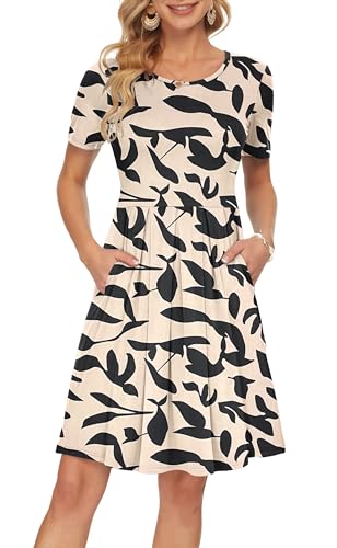 AUSELILY Damen Kurzarm Plissee Loose Swing Freizeitkleid mit knielangen Taschen Aprikose Black Leaf XL