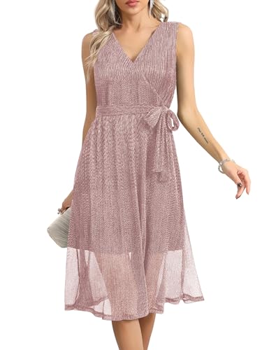 Missufe Damen Wickel V-Ausschnitt Ärmellos Swing Glitzer Cocktail Party Abendkleid mit Gürtel (Rosa, Mittel