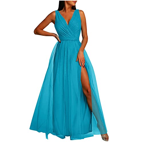 Abendkleid Damen Lang Elegantes Modisches Ballkleid Einfarbiges Tüllkleid Ärmelloses Cocktailkleid mit V-Ausschnitt...