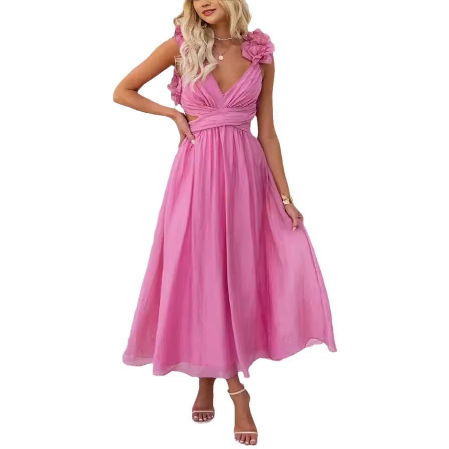Damen Chiffon Rüschen Ballkleider - Sommer V Ausschnitt Puffärmel Lange Swing Kleider Gestuft Rückenfrei Formelle...