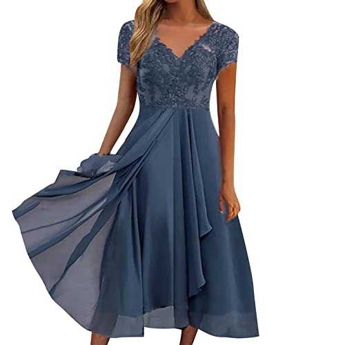 Sommerkleid Damen V-Ausschnitt, Abendkleid Lang Kleid Elegant Chiffon Spitze Swing Cocktailkleid Lässig Festliche...