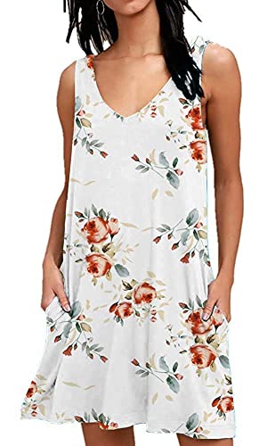 AUSELILY Strandkleid für Damen Sommer Casual Swing Kleider V-Ausschnitt Cover up mit Taschen Rose Weiß 2XL