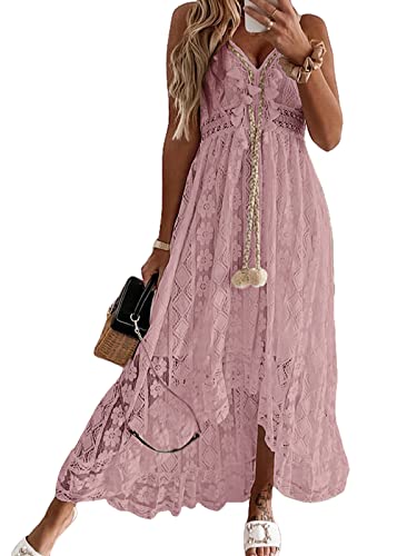CUPSHE Damen Sommerkleid V Ausschnitt Floral Spitze Quasten Spaghetti Trägerkleid Freizeitkleider Hi-Low Party Boho...