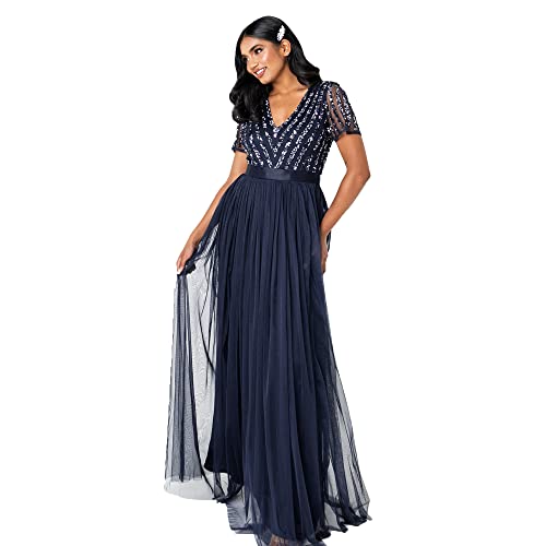 Maya Deluxe Damen Maxi Abendkleid Hochzeit V-Ausschnitt Brautjungfernkleid Empiretaillierung Elegantes Abschlussball...