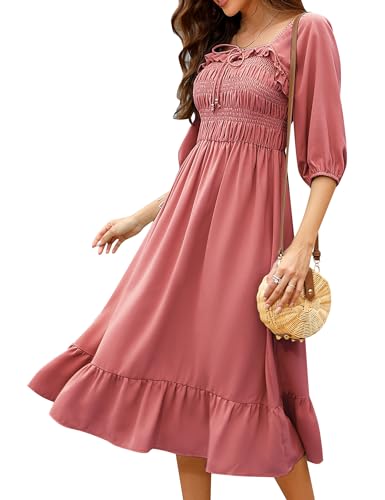 KOJOOIN Damen Kleid Casual Lange Sommerkleid 3/4 Ärmel Swing Midikleid A Linie Freizeitkleid mit Hohe Taille Rot M