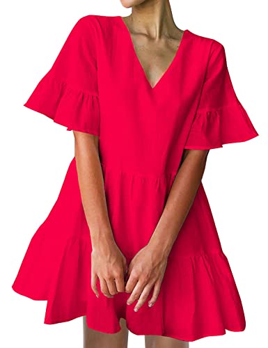 FANCYINN Sommerkleid Damen Kurz Tunika Kleid V-Ausschnitt Volant Lockeres Swing Mini Kleider Rot