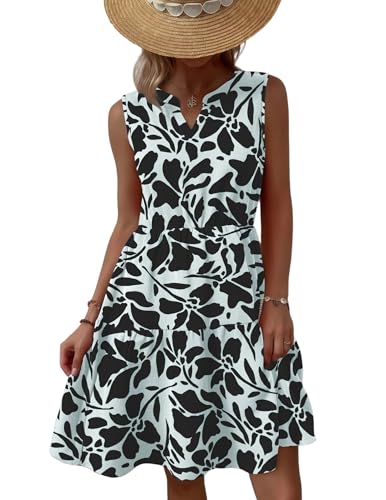 Zeagoo Damen Kleid Ärmellos V Ausschnitt Sommerkleid Casual A-Linie Tankkleid Elegant Kurz Minikleid Rüschen Swing...