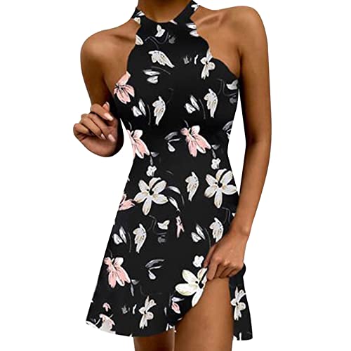 Kleider Damen Sommer A-Linien Kleid Kurzes Minikleid Schwarz ärmellos Blumenmuster Gerüscht Rundhalsausschnitt Lässig...