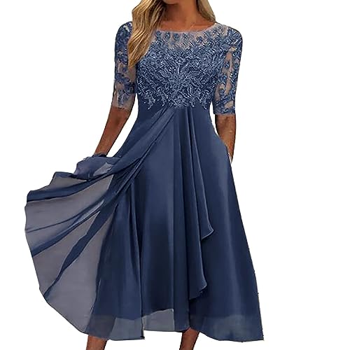 Sommerkleid Damen V-Ausschnitt, Abendkleid Lang Kleid Elegant Chiffon Spitze Swing Cocktailkleid Lässig Festliche...