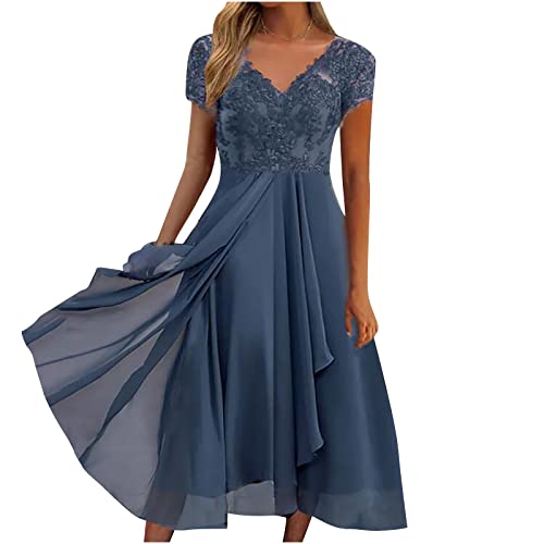 Abendkleid Damen Mesh Halbarm Spitze Floral Elegantes Cocktailkleid Langes Rundhals Unregelmäßiges Plissee Flowy Midi...
