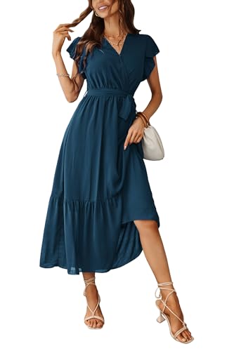 Awemeal Kleid Damen Sommer Elegant V-Ausschnitt Kurzarm Lang Sommerkleid Boho Blumenkleid mit Gürtel Rüschen Saum...