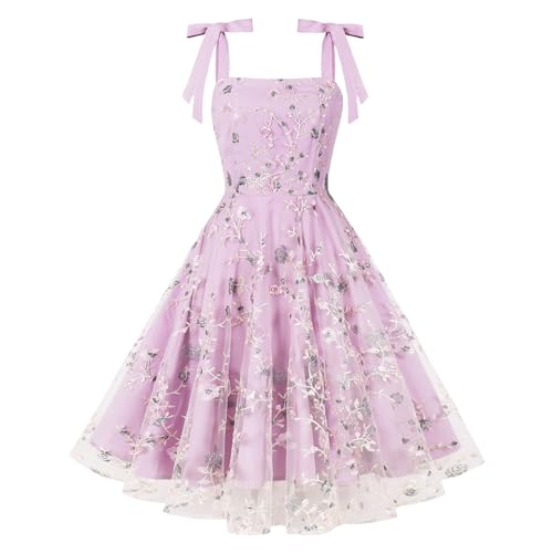 Damen 1950er Jahre Vintage Cocktail Kleid A-Linie �rmellos Blume Stickerei Mesh Swing Kleid Elegante Hochzeit...