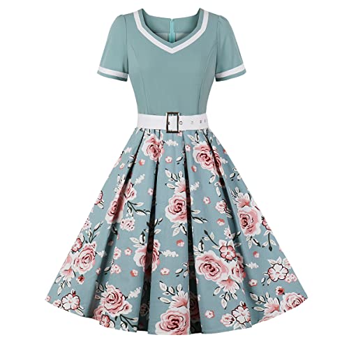 Rockabilly Kleider Damen 50er Jahre Petticoat Kleid Vintage Audrey Hepburn Kurzarm V-Ausschnitt Polka Dot Swing...