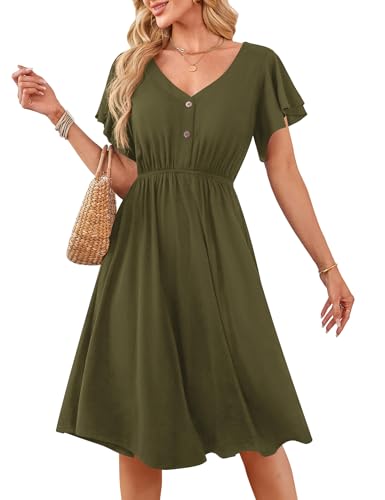 Florboom Damen Sommer Elegante Midikleid Rüschen Kurze Ärmel V-Ausschnitt Kleider, Swing Lässig A-Linie Sommerkleid...