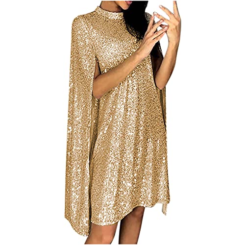 Rioge Damen Glitzer Kleid Festlich Hochzeit Kleider Elegant Abendkleid Langarm Schal Cocktailkleid Sexy Partykleid...