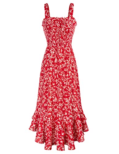 Sommerkleid Damen Lang Maxikleid Blumenkleid Freizeitkleid Swing Trägerkleid Abendkleid XL Rot-Weiße Blume