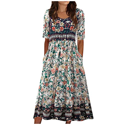 Kleider Damen festlich sexy Kleid Damen cocktailkleid elegant für Hochzeit Blumendruck Rundhals Kurze Ärmel...