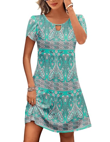 Zeagoo Tunika Kleid Damen Sommer Casual Floral Freizeitkleider A-Linie Rundhals Skaterkleid Swing Kleider Grün Blumen L