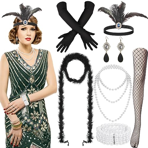 Blulu 9 Stück 1920er Jahre Damen Flapper Kleid Kostüm Set V Ausschnitt Pailletten Perlen Swing Fransen Kleid mit...